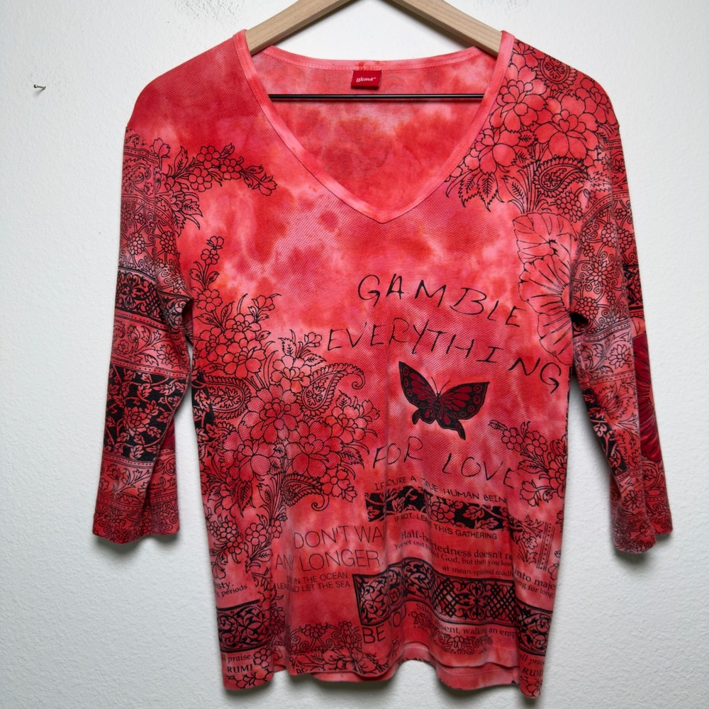 Glima y2k Women Cotton Top M Red Tie Dye Gamble Everything For Love Butterfly